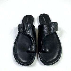 Centro Point Women’s Toe Ring Strap Black Textured Flat Sandals